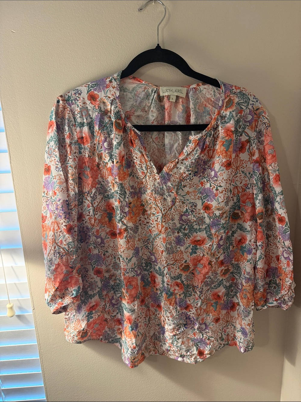 Lucy & Laurel Coral and Purple Floral V-Neck Blouse